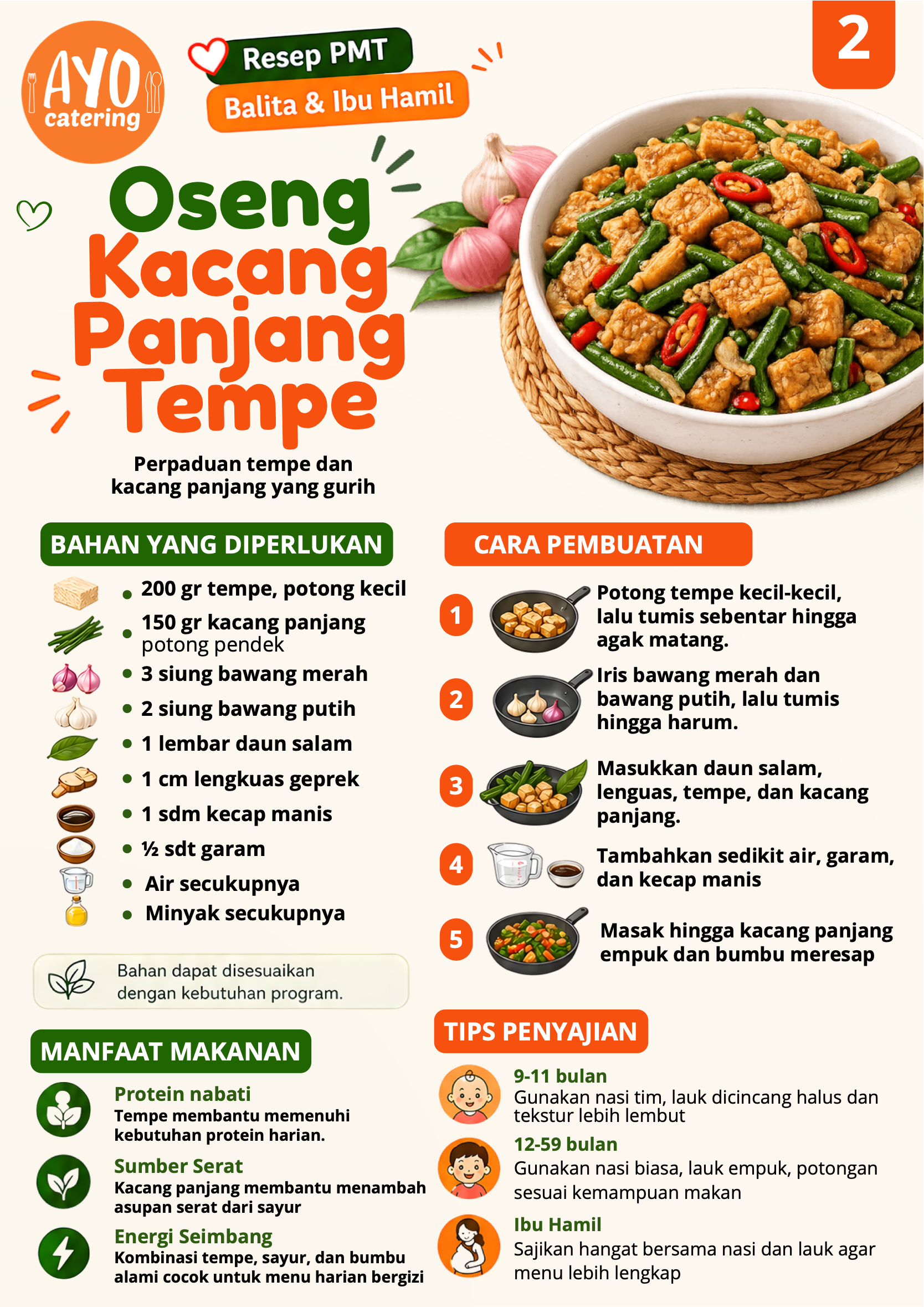 Resep oseng kacang panjang tempe PMT Ayo Catering Depok