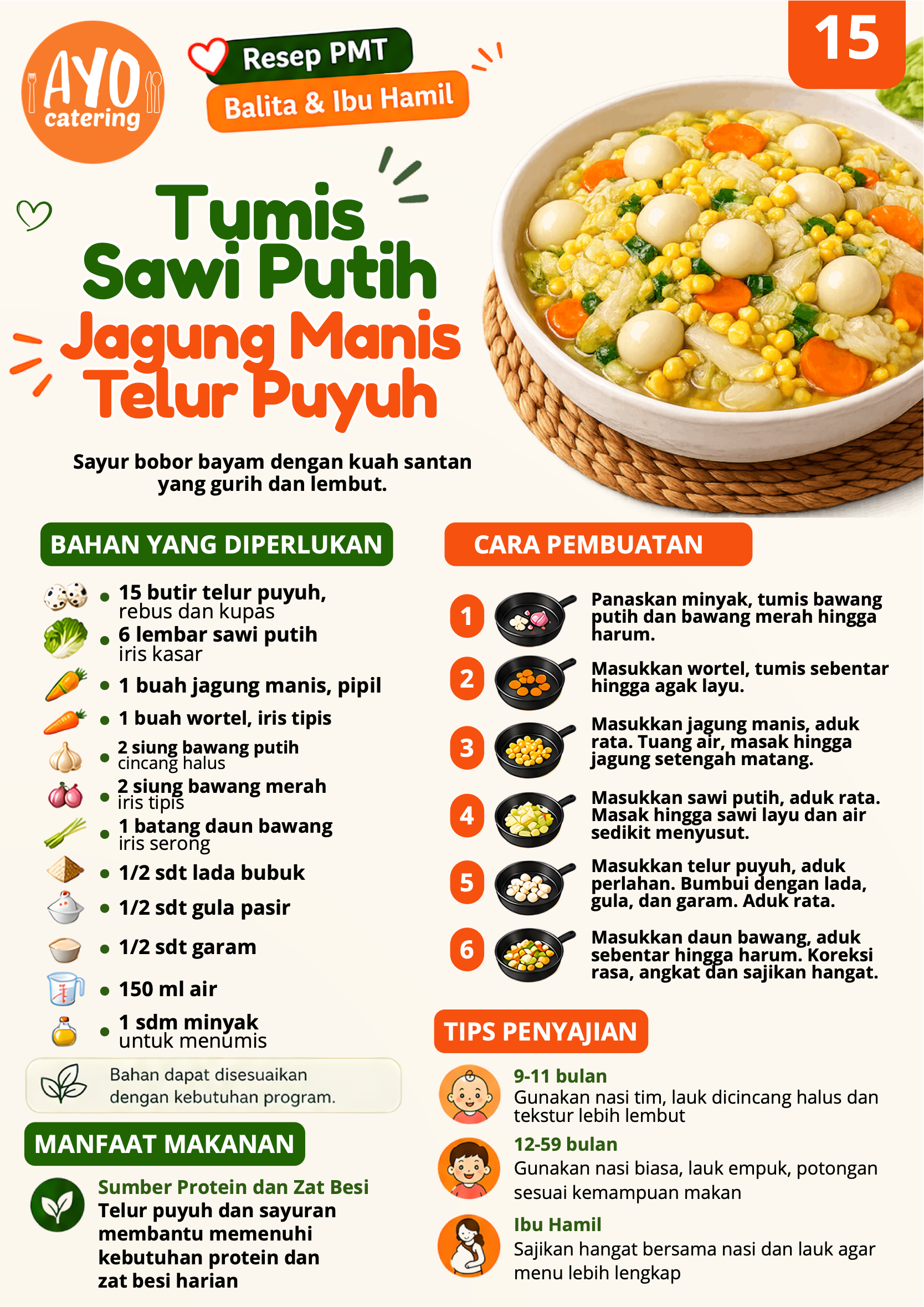 Resep tumis sawi putih jagung manis telur puyuh PMT Ayo Catering Depok