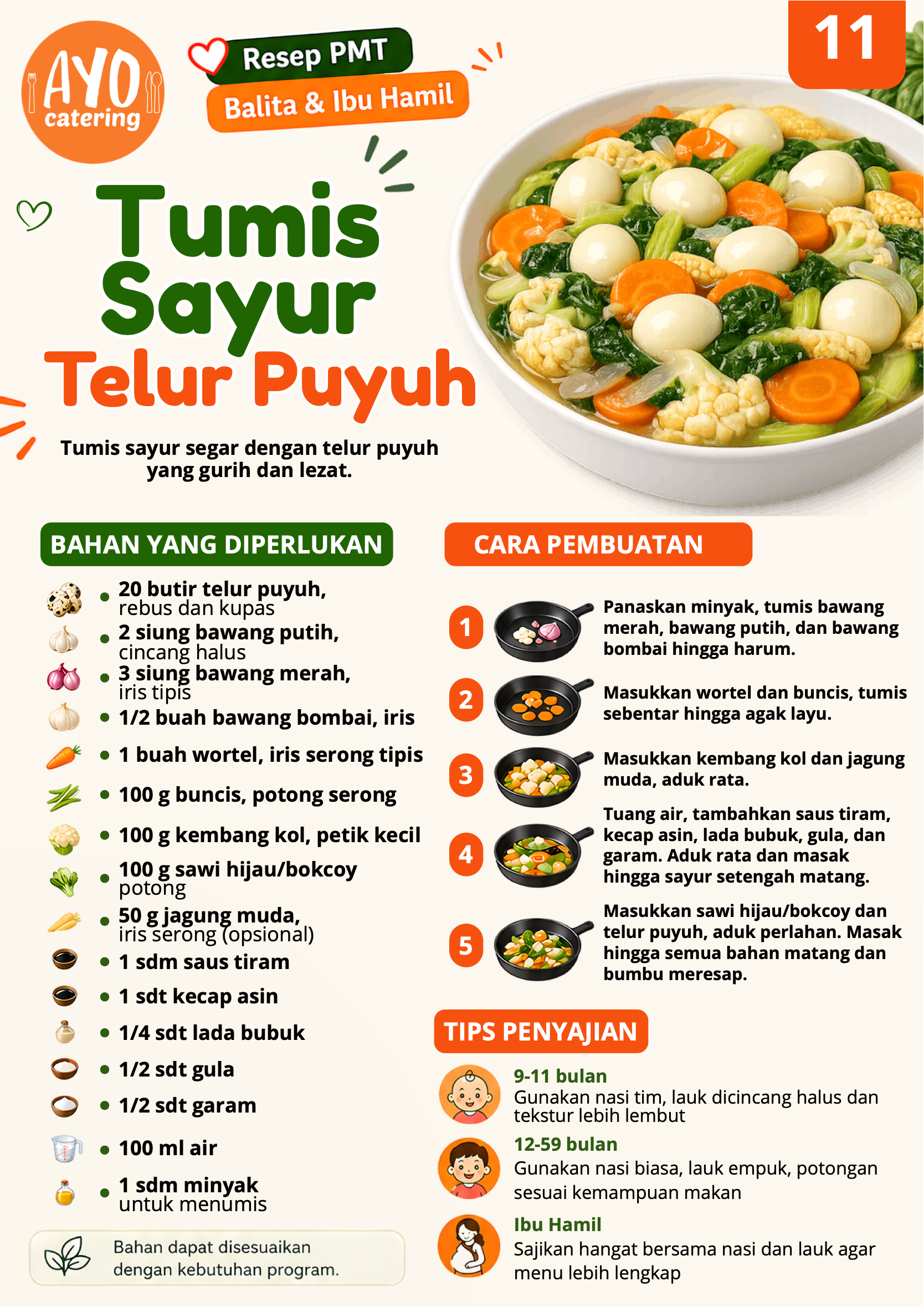 Resep tumis sayur telur puyuh PMT Ayo Catering Depok
